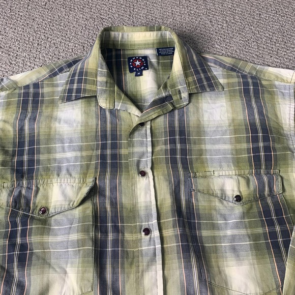 Panhandle‎ Slim Mens Shirt Size Medium Blue/Green Plaid Long Sleeves Snap Front - Picture 2 of 10